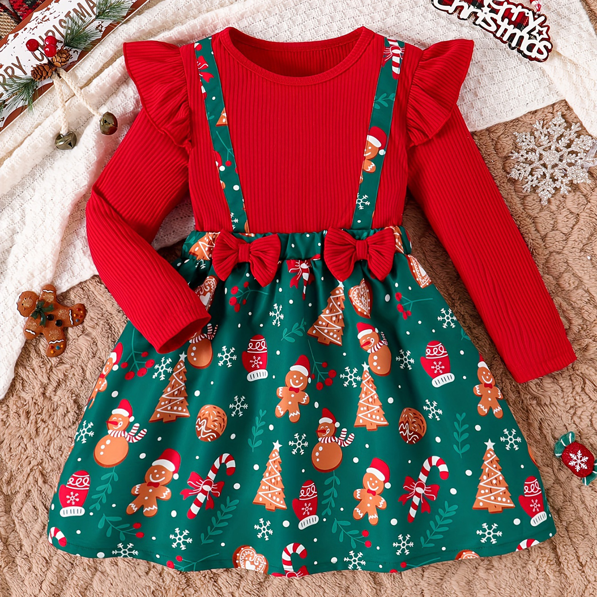 圣诞款外贸童装中小童女童双蝴蝶结圣诞节姜饼人假两件拼接连衣裙