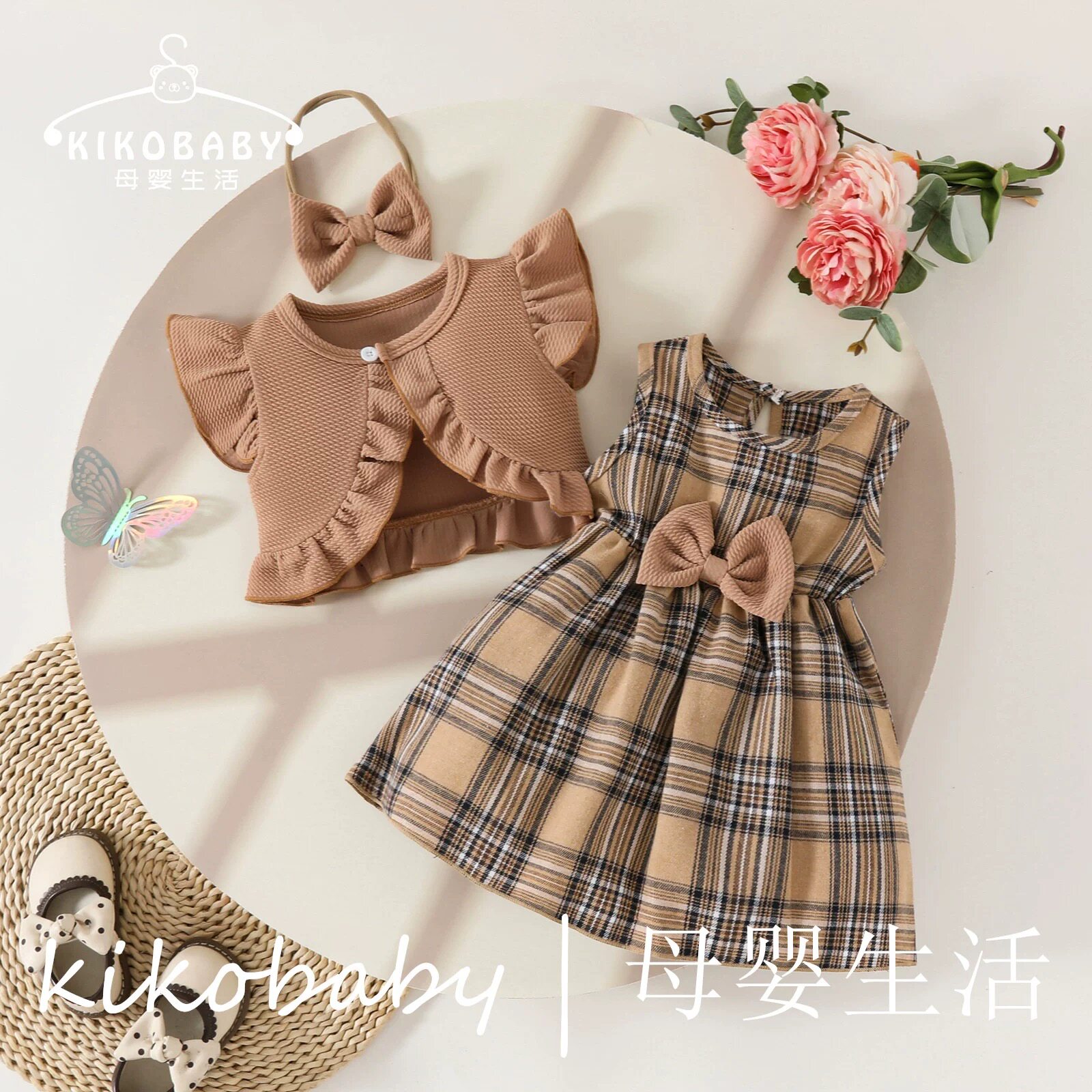 KIKOBABY夏婴童连衣裙套装无袖荷叶边短款外套 格子蝴蝶结连衣裙