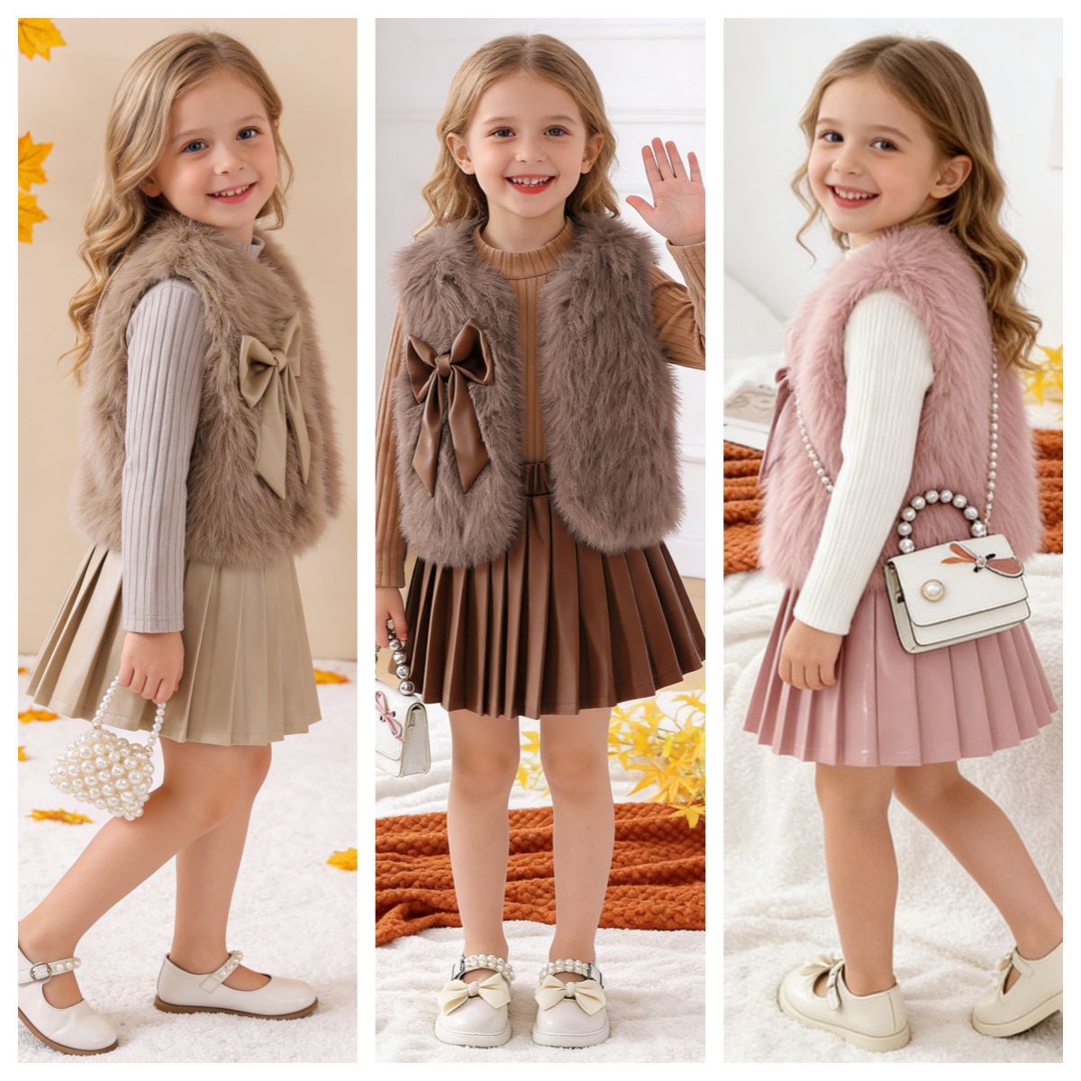 Kids Fashion亚马逊欧美秋冬女童套装毛毛衣配长袖上衣搭皮裙套装