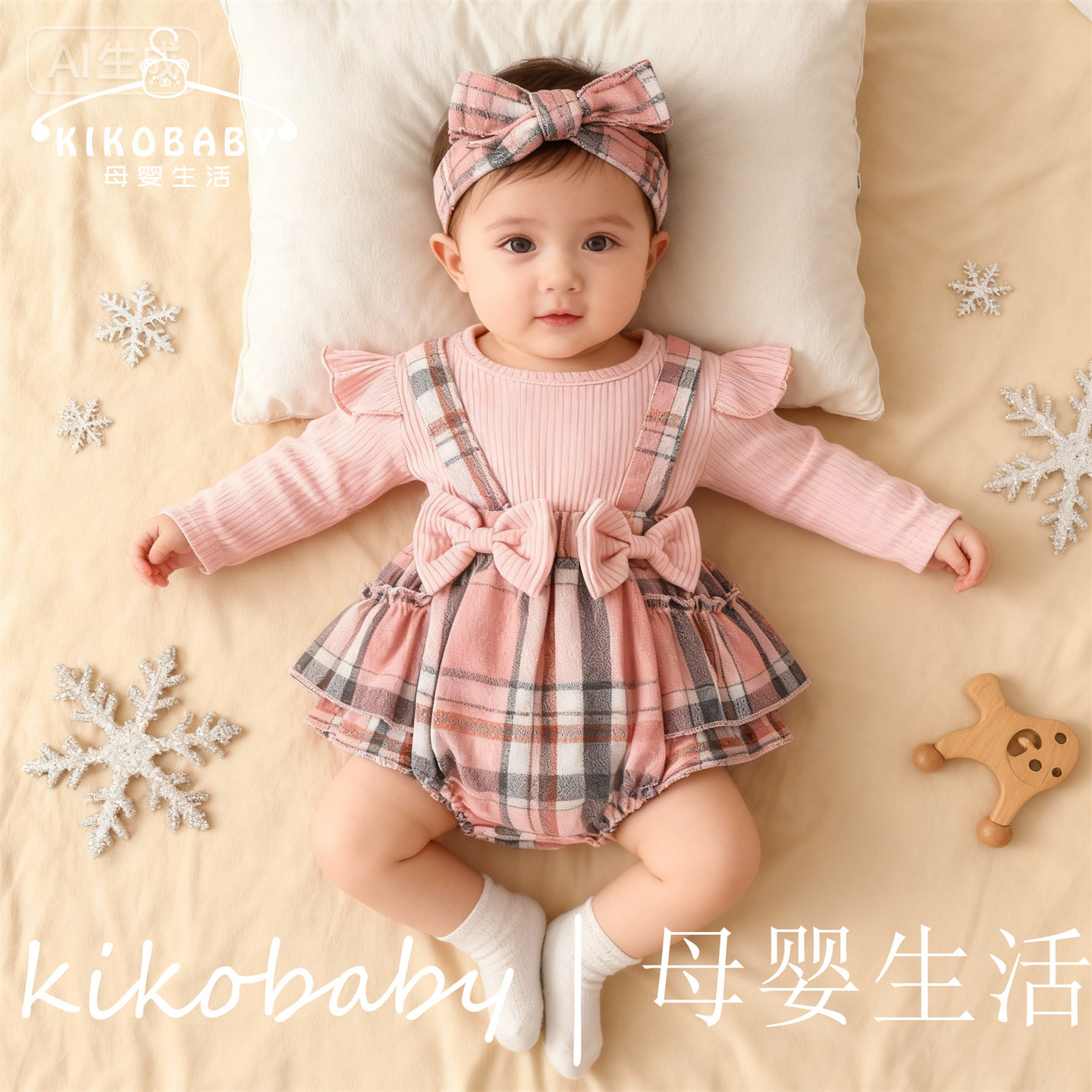 KIKOBABY婴儿长袖蝴蝶结荷叶边三角连体衣坑条格子布料连身哈衣