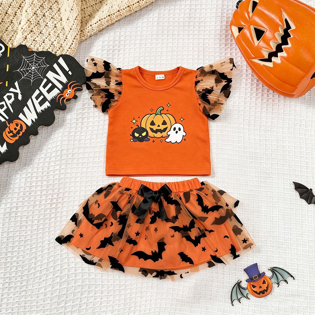 HAPPY HALLOWEEN女童万圣节套装南瓜印花T恤蝙蝠纱裙搞怪两件套