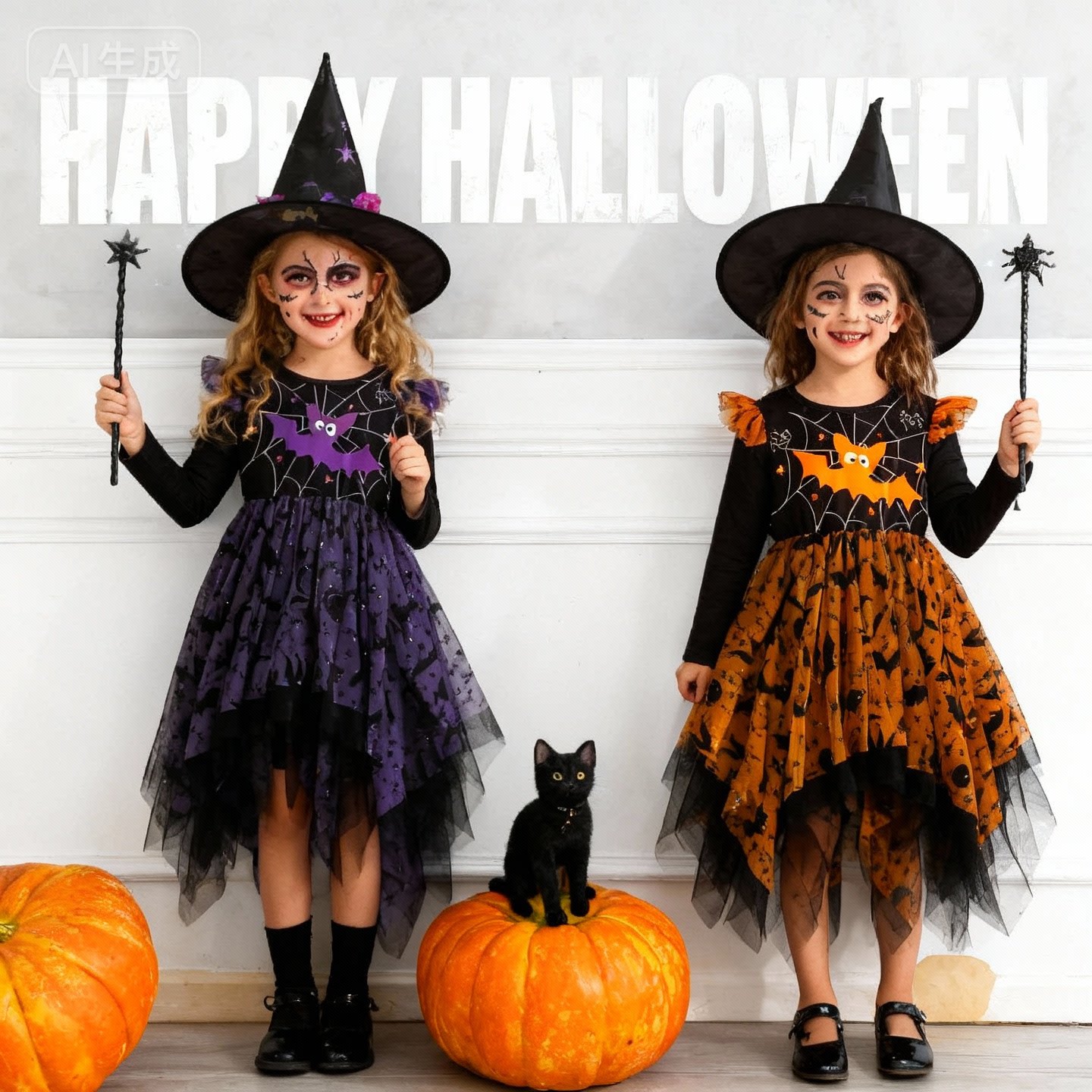 外贸童装万圣节网纱不规则下摆吊角蝙蝠印花女童连衣裙Halloween