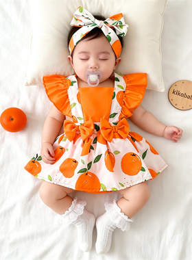 KIKOBABY婴儿裙子婴儿连衣裙橘子印花橙色飞袖假两件背带裙包屁裙