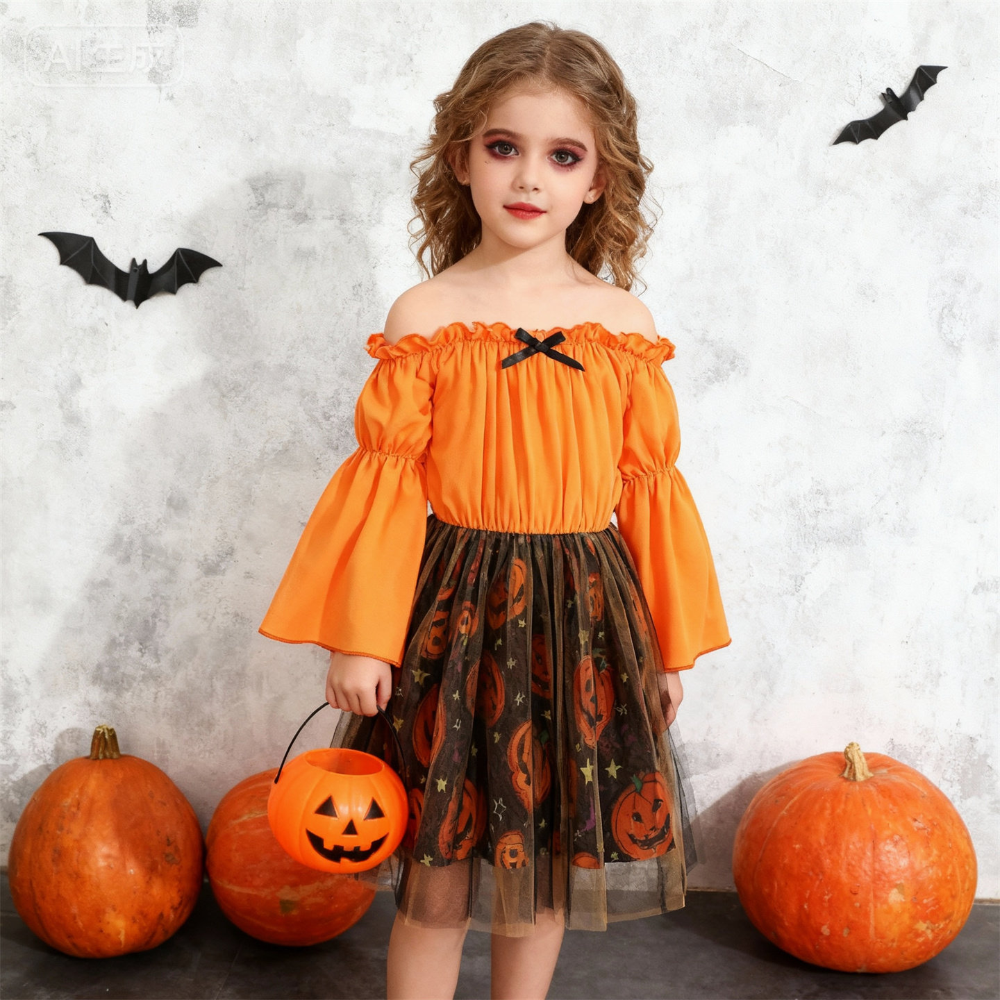 1-8岁女童万圣节一字肩南瓜裙子化妆舞会网纱裙连衣裙Halloween