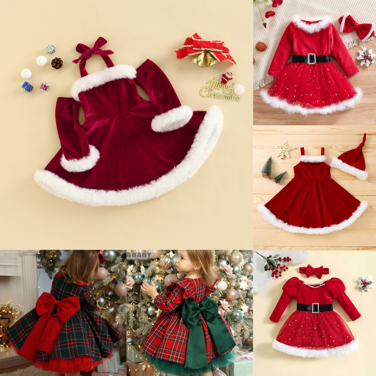 CHRISTMAS外贸圣诞节连衣裙女童挂脖一字肩长袖童裙可爱金丝绒裙