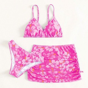Swimsuit欧美外贸泳衣儿童bikini小清新樱花三件套泳装 女孩比基尼