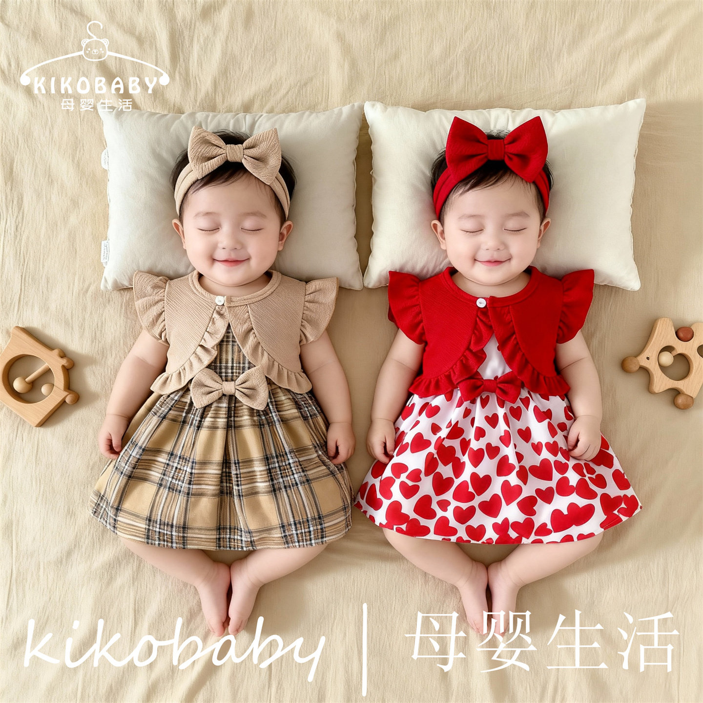 KIKOBABY夏婴童连衣裙套装无袖荷叶边短款外套 格子蝴蝶结连衣裙