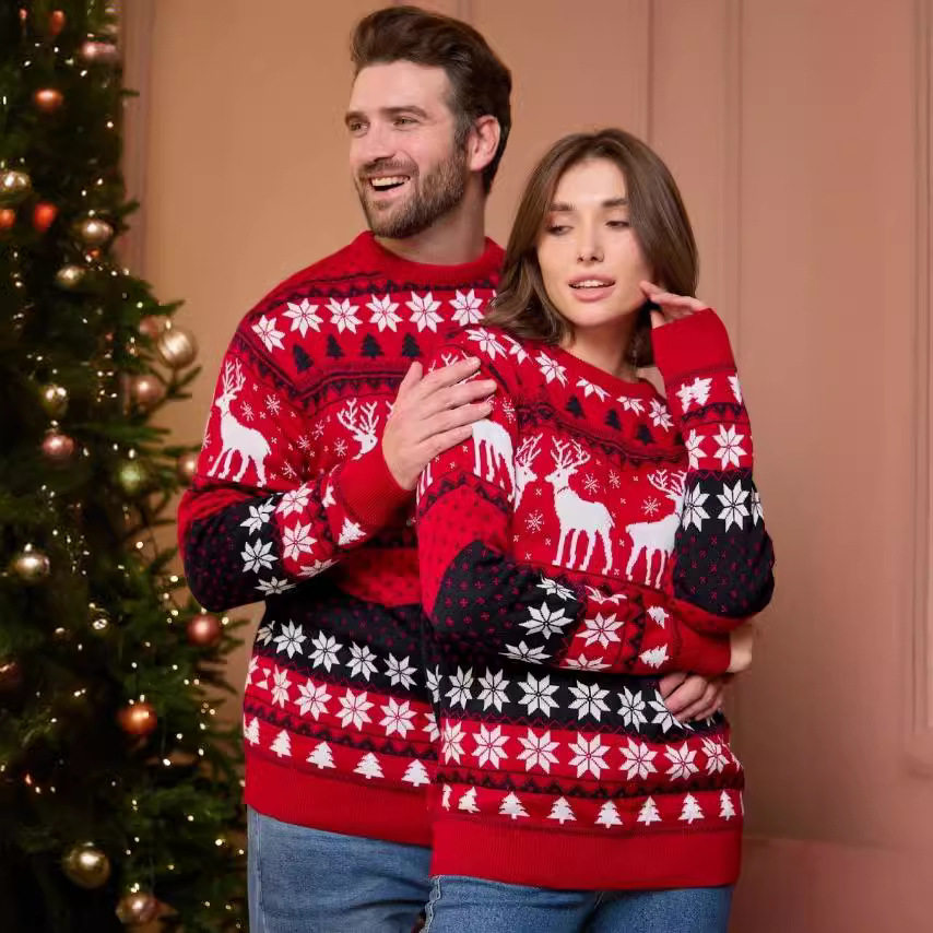 欧美圣诞节亲子情侣装男装女装麋鹿提花长袖毛衣亚马逊Christmas