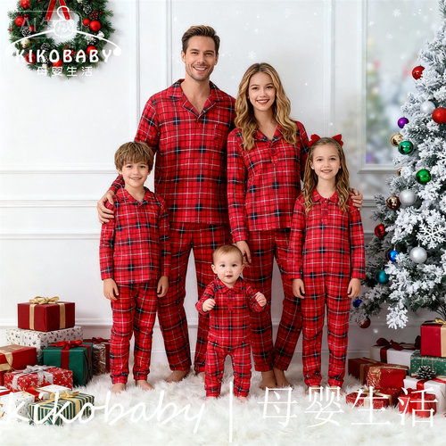 PAJAMAS圣诞亲子睡衣红格子宝宝一家四口宠物狗狗亲子家居童装ins