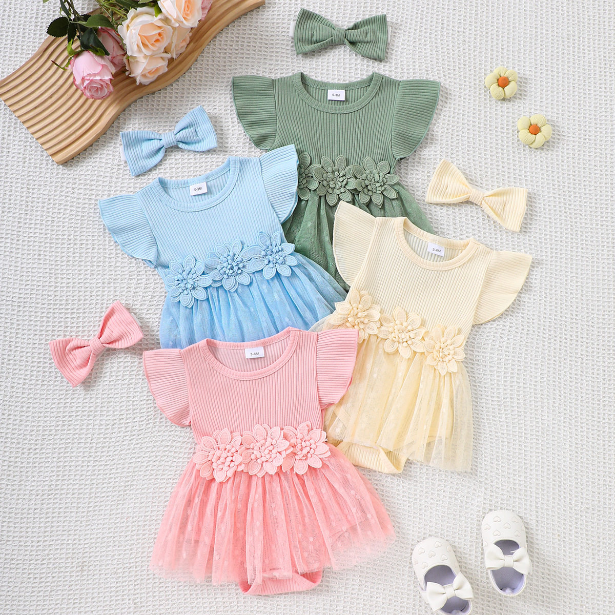 KIKOBABY跨境婴童服饰女宝宝百日宴礼服裙写真立体花朵满月哈衣裙