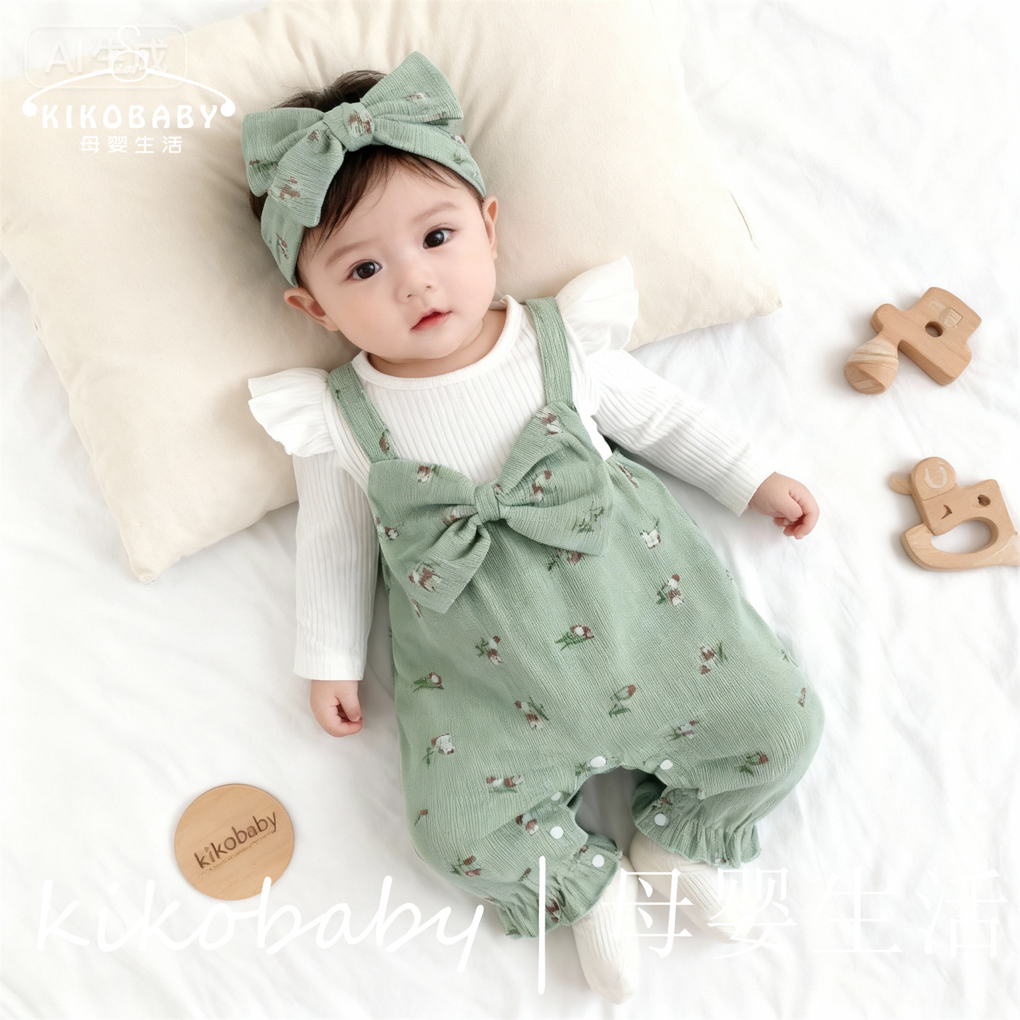 KIKOBABY欧美秋冬婴童飞袖坑条上衣蝴蝶结假两件背带裤发带连体衣