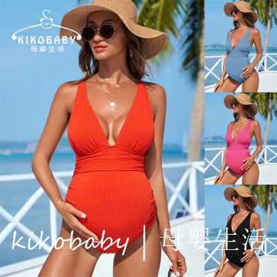 Maternity Swimsuit孕妇泳衣女士露背深V领纯色宽松显瘦外贸泳衣
