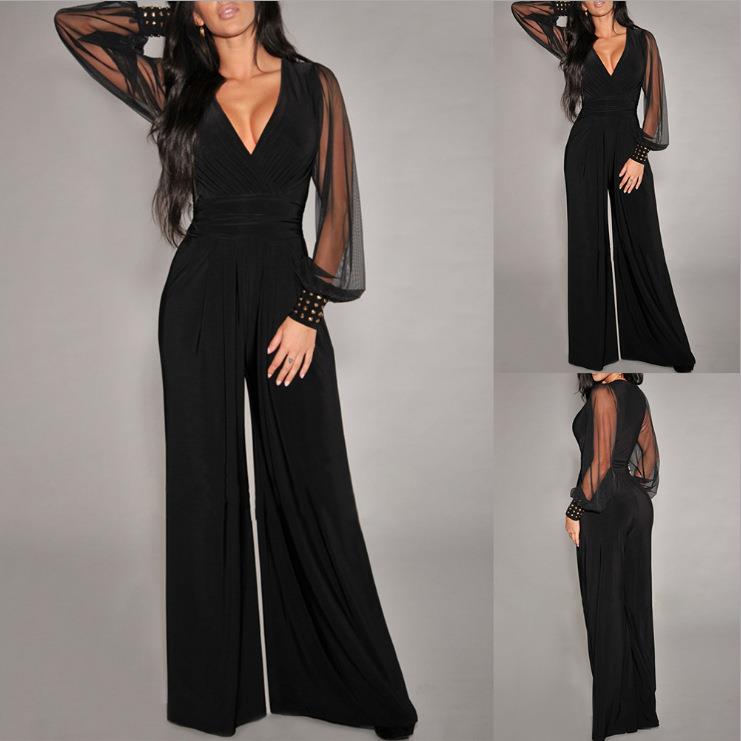 Waist mesh splicing rivet straight leg jumpsuit