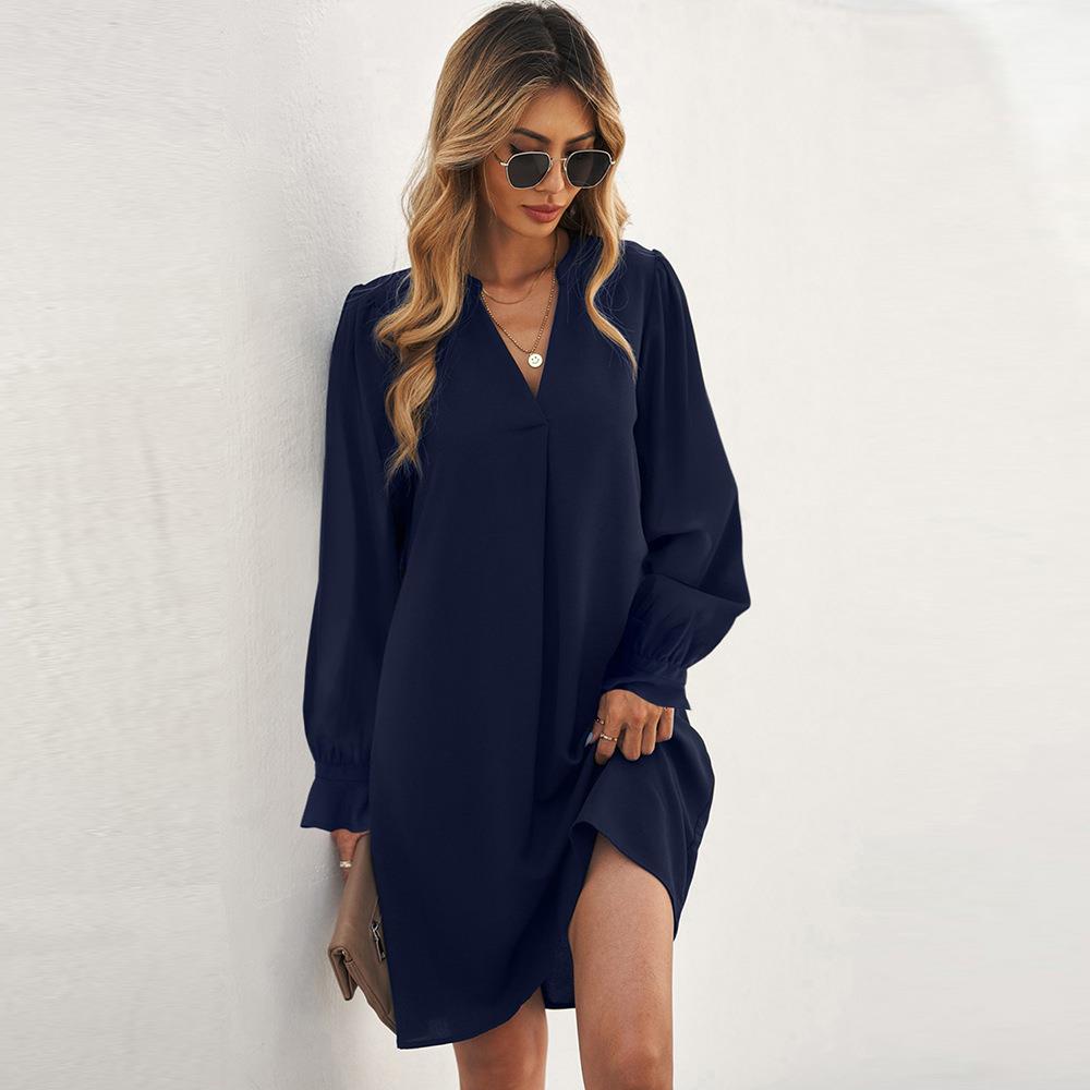 wind solid color dress womens loose neck pullover long slee