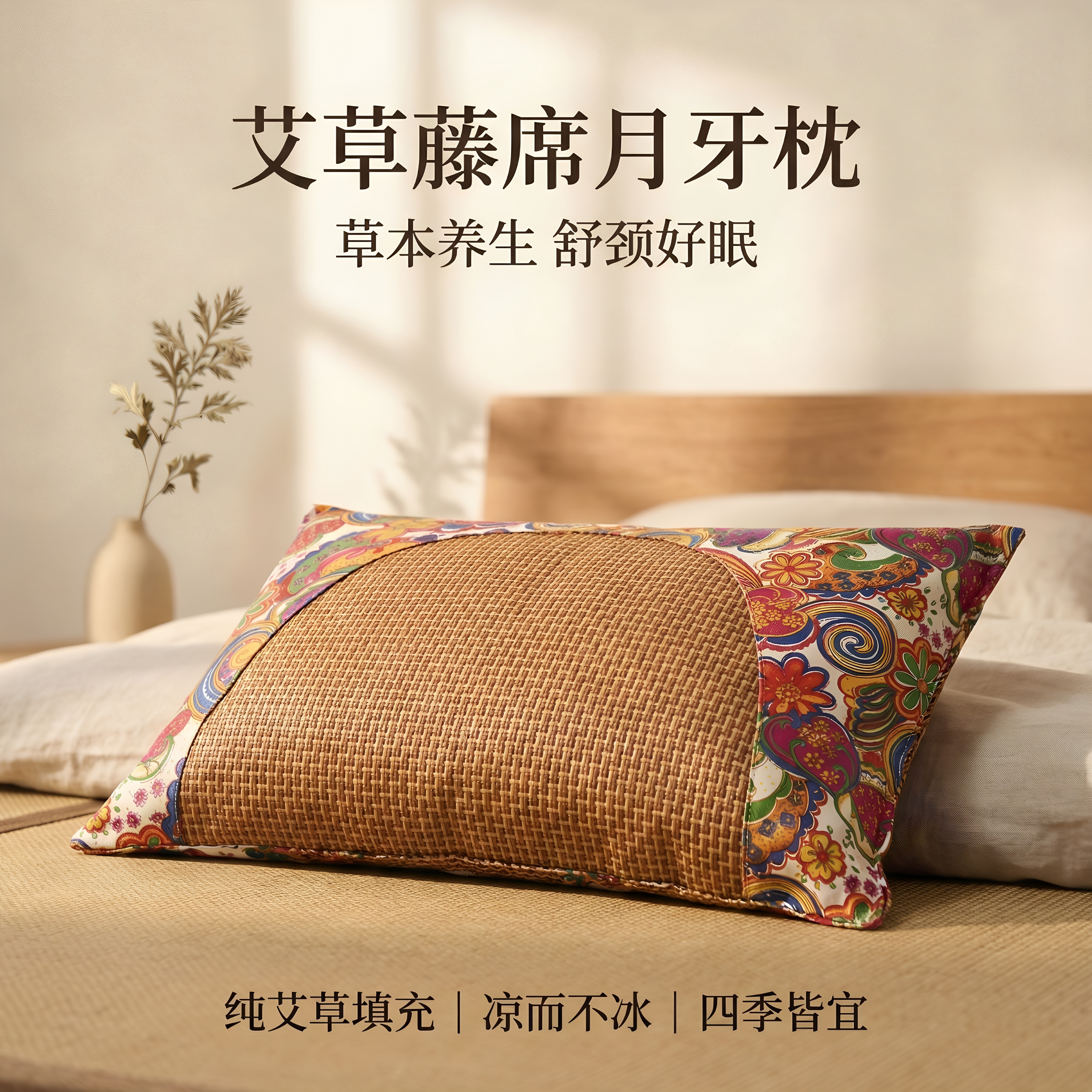夏凉冰丝艾草枕头家用冰感面料舒适透气护颈枕芯睡眠枕头全家适用