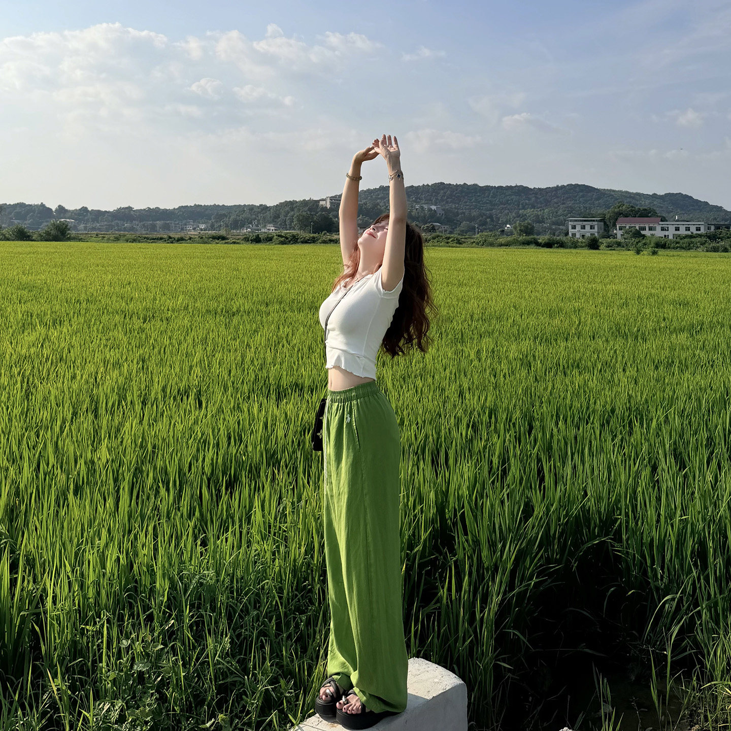 Ylaann 牛油果绿神裤 高腰松紧抽绳+垂感遮肉显瘦夏日亚麻阔腿裤