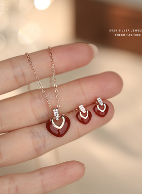 s925纯银爱心锁骨链女红色项链