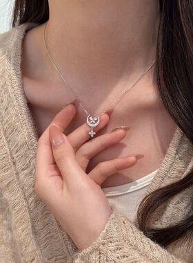 S925纯银满钻月亮四叶草项链女温柔风精致镶锆石锁骨链2026年新款