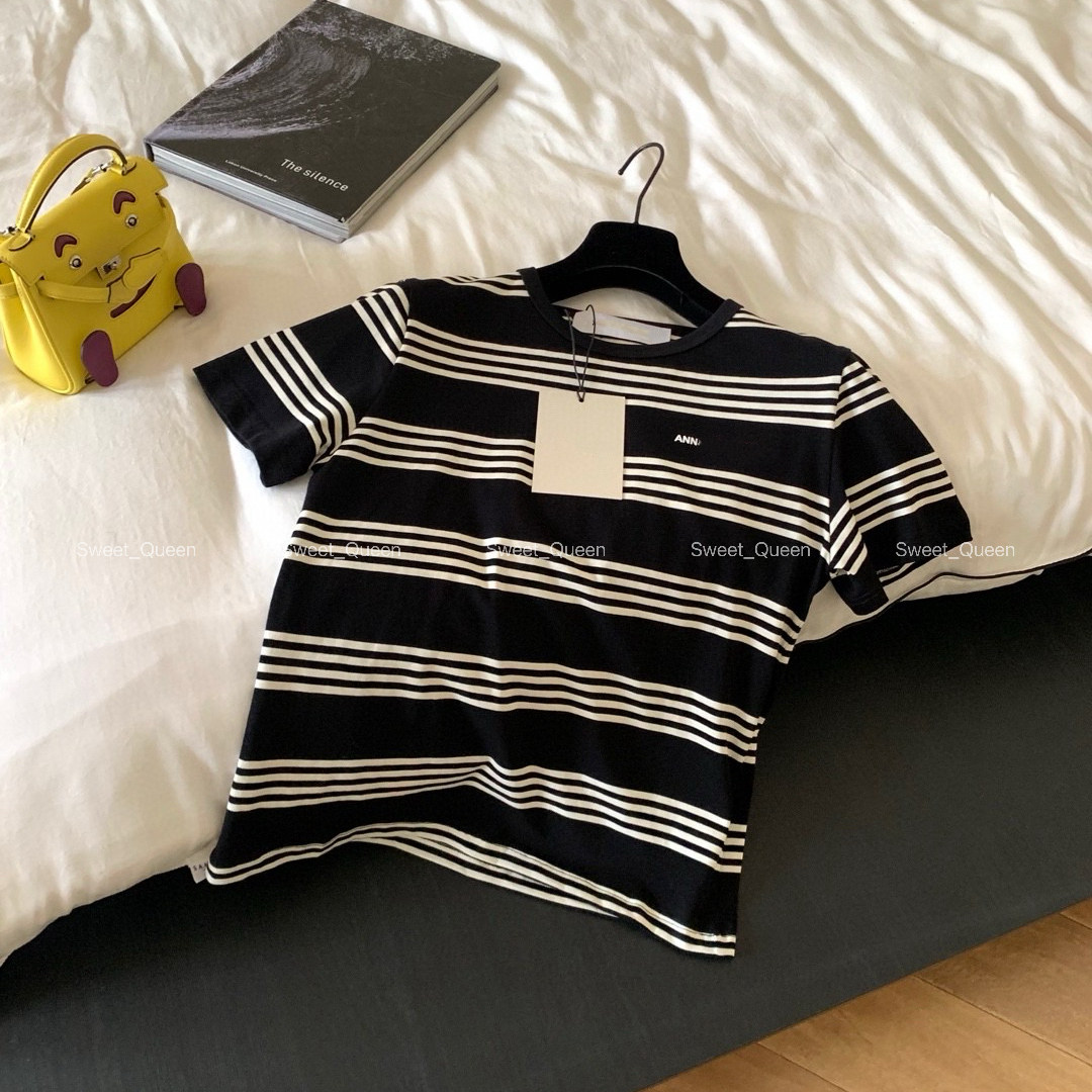 SQ 25ss an 舒适棉质面料黑白条纹微标短袖私服T恤显瘦女款