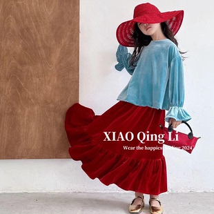 韩系2024秋季女童时髦中古丝绒上衣超大摆伞裙套装