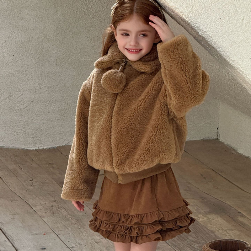 2025冬季新款童装韩版女童麂皮花边层层半身裙儿童超短麂皮裙韩式