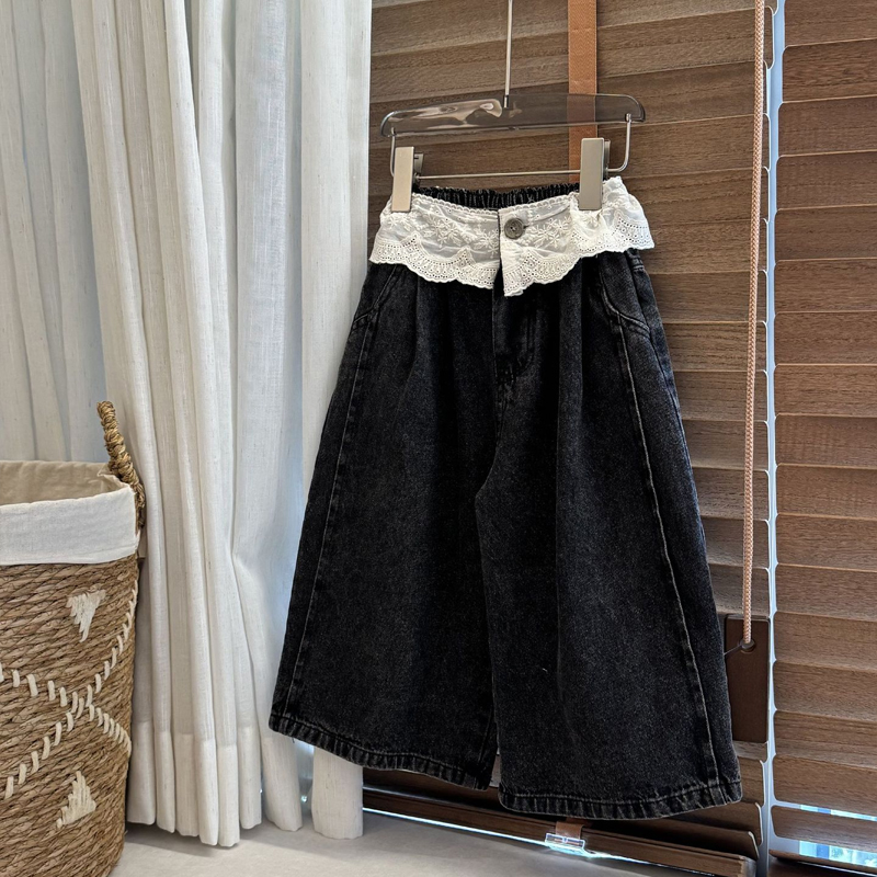 设计感海军蓝7分阔腿裤拼接蕾丝