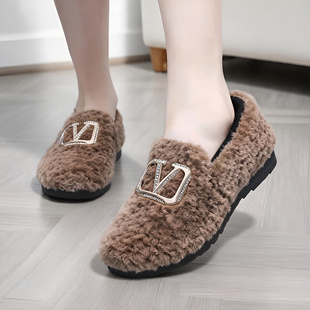 加绒毛毛棉鞋鞋女冬外穿百搭平底豆豆鞋懒人鞋保暖包根棉拖鞋外穿