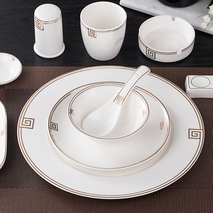 高档酒店摆台餐具套装饭店会所四件套陶瓷金边骨碟翅碗杯勺筷盘子