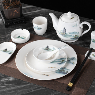 星级酒店摆台餐具套装高端会所饭店包厢中式山水画碗碟四件套餐具