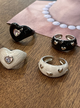 韩国博主同款滴釉戒指爱心黑色珠光白设计感可爱锆石镶嵌食指指戒