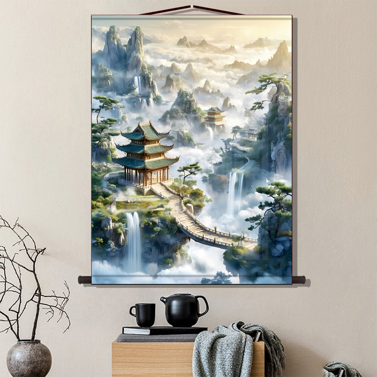 仙家堂口客厅山水画仙堂背景东北堂屋供奉风水画无活物丝绸挂画轴
