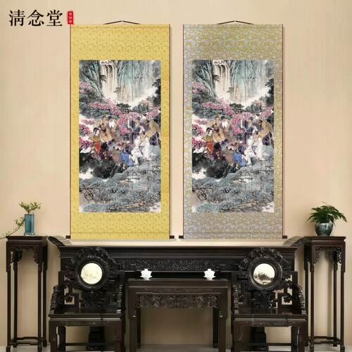 八仙画像图山水八仙聚会卷轴挂画古代人物国画客厅书房丝绸装饰画