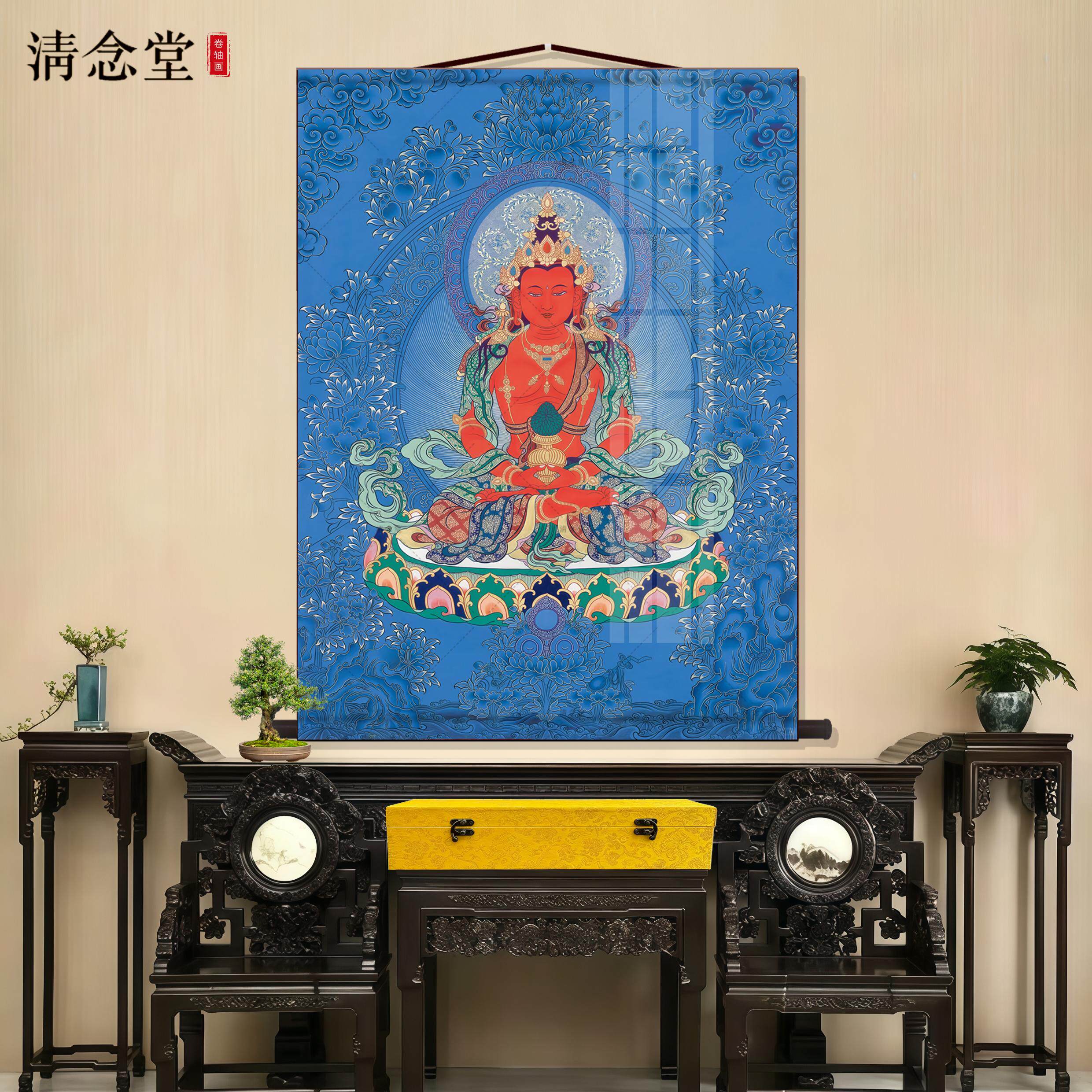 无量寿佛唐卡挂画藏传佛像画客厅佛堂装饰画供奉玄关丝绸卷轴挂画