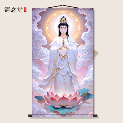 吉祥观音画像丝绸卷轴挂画莲花海上白衣观音菩萨佛堂禅意装饰壁挂