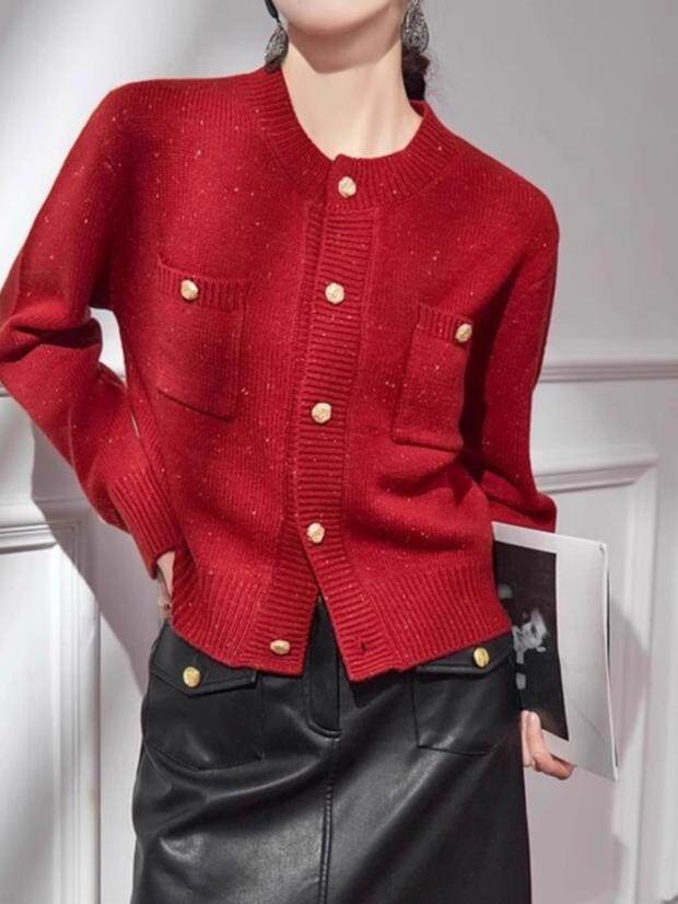 小香风复古红色针织开衫女