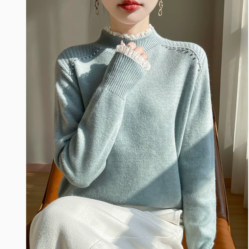 蕾丝花边半高领打底衫女秋冬新款