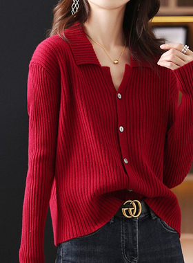 清仓捡漏品牌外贸折扣红色Polo领针织开衫减龄软糯复古毛衣外套女