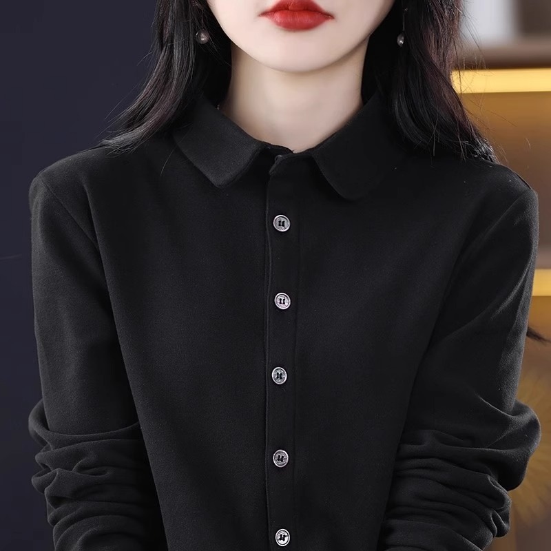 2025新款秋冬磨毛德绒衬衫女黑色polo领长袖加厚职业装衬衣打底衫