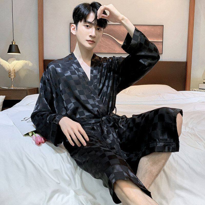 睡衣男款春秋季丝绸休闲格子中长款睡袍男士宽松冰丝大码浴袍高级