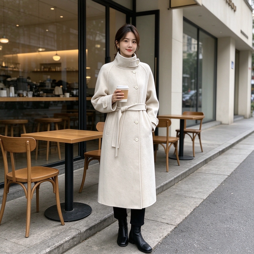 韩系气质短款减龄双面羊绒羊毛呢大衣女立领系带小个子秋冬外套