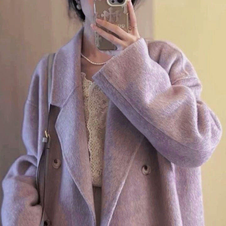 紫色双面羊绒大衣女中长款2025冬季新款气质温柔风小个子毛呢外套