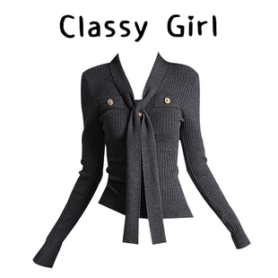 高级感显瘦内搭打底长袖 修身 上衣 女秋季 秋冬小香风飘带V领针织衫