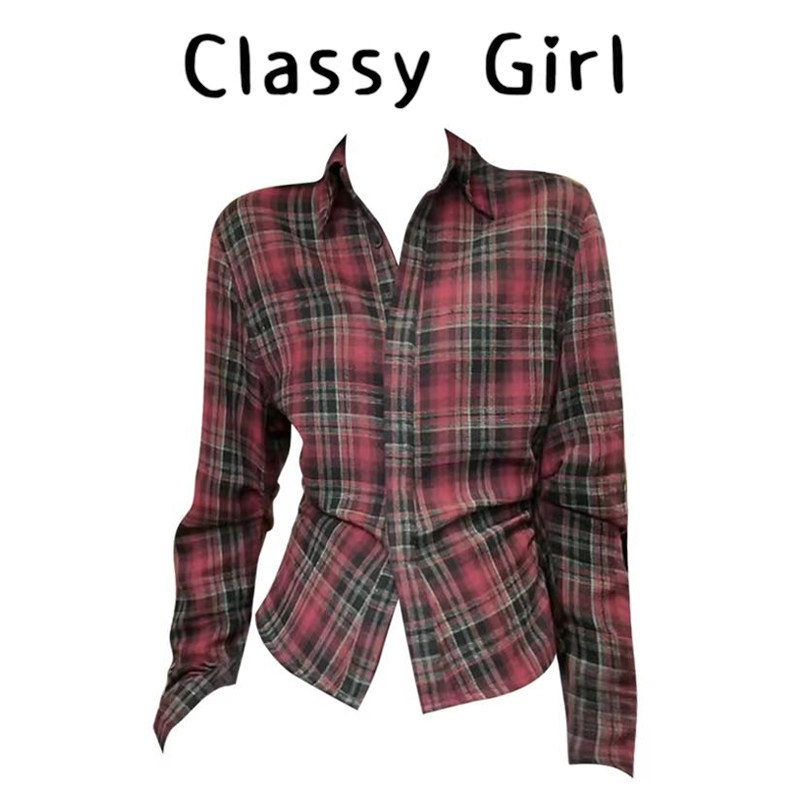 美式辣妹风Polo领格纹衬衫女26春时尚洋气高级感收腰显瘦长袖衬衣