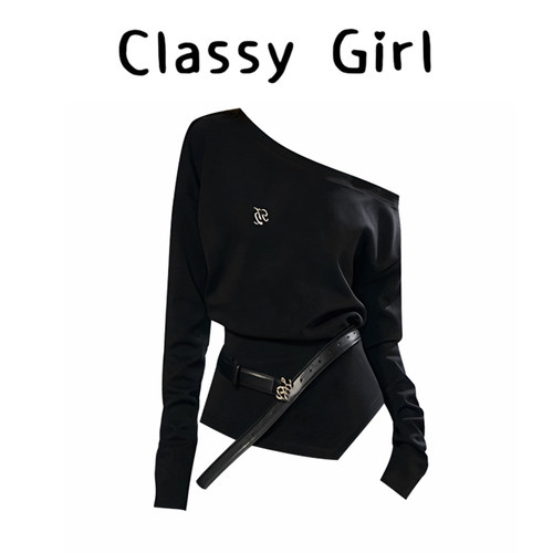 韩系慵懒风斜肩显瘦百搭卫衣上衣