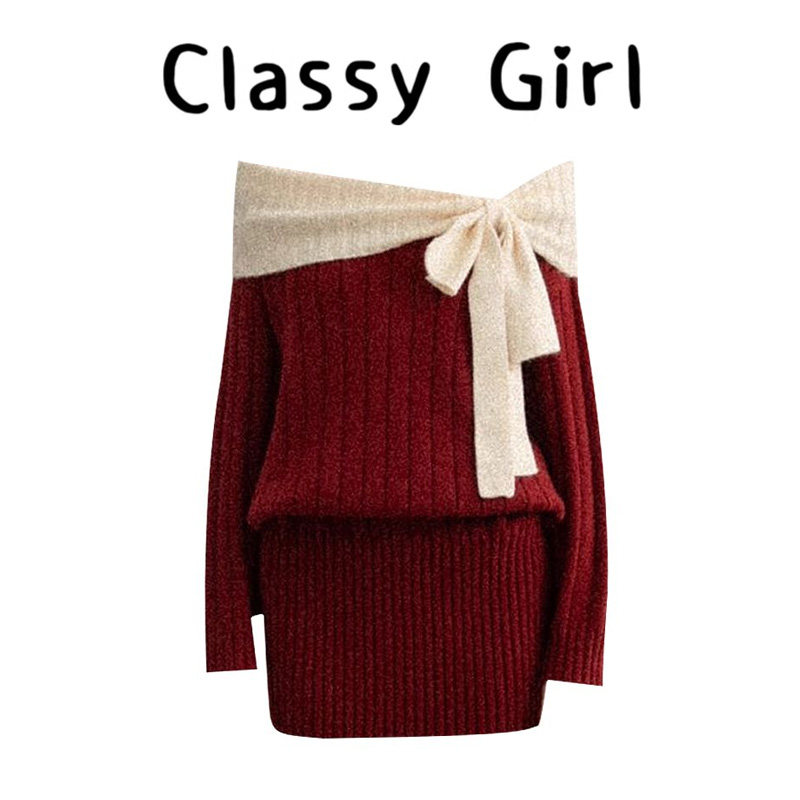 秋冬气质一字肩蝴蝶结针织连衣裙