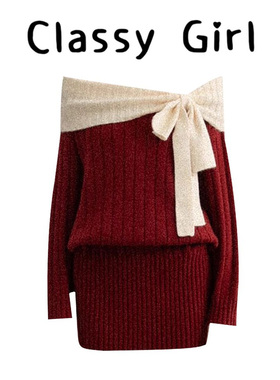 Classy girl 红色一字肩蝴蝶结长袖针织连衣裙女秋冬露肩包臀短裙