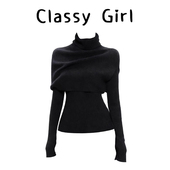 高领披肩针织衫 女秋冬季 修身 法式 显瘦打底衫 内搭高级感黑色毛衣