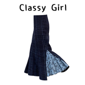 冬天配大衣 裙子重要场合漂亮高腰气质蓝色印花拼接鱼尾半身裙女