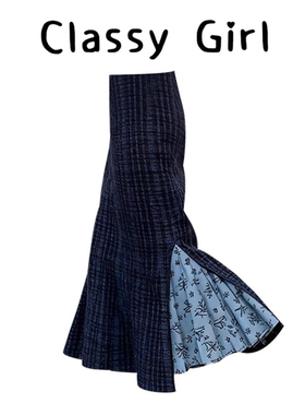 冬天配大衣的裙子重要场合漂亮高腰气质蓝色印花拼接鱼尾半身裙女