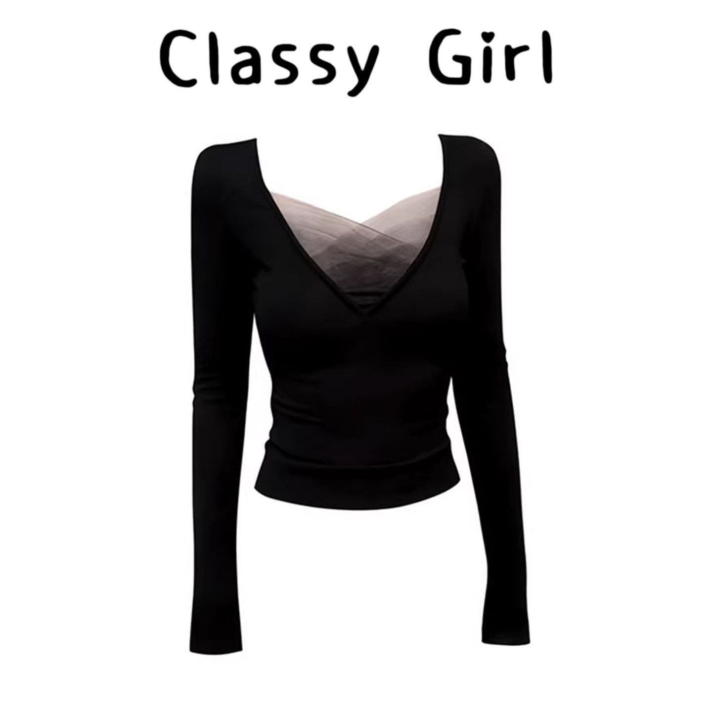 秋冬辣妹V领网纱拼接加绒T恤上衣